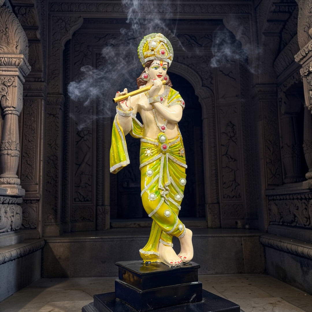 2 Feet Standing Lord Krishna with Bansuri Decorative Green Colorful Idol for Home Office Decor Temple