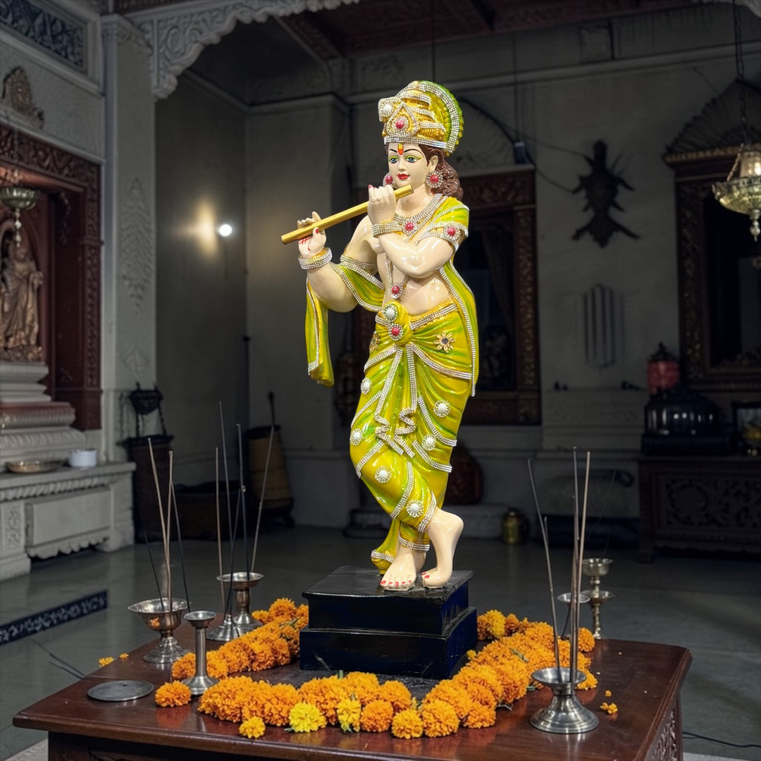 2 Feet Standing Lord Krishna with Bansuri Decorative Green Colorful Idol for Home Office Decor Temple