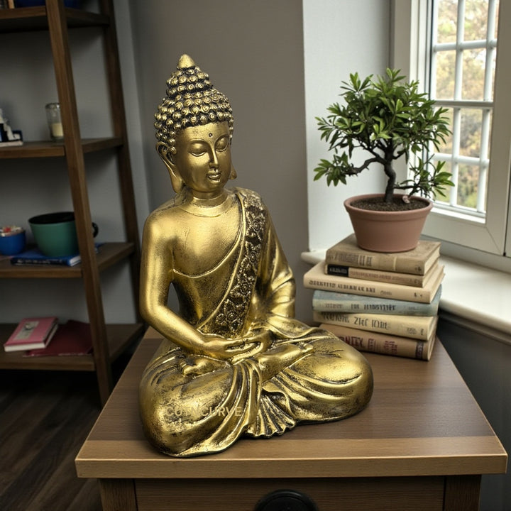 10 Inches Metallic Buddha Statue Made of Resin – Premium Meditating Buddha Idol for Home Decor, Office, Temple & Vastu Gift