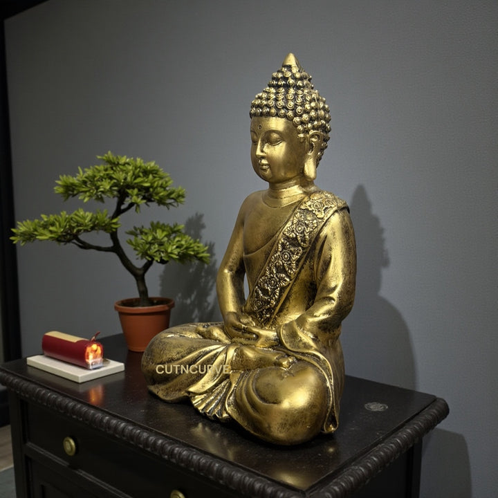 10 Inches Metallic Buddha Statue Made of Resin – Premium Meditating Buddha Idol for Home Decor, Office, Temple & Vastu Gift