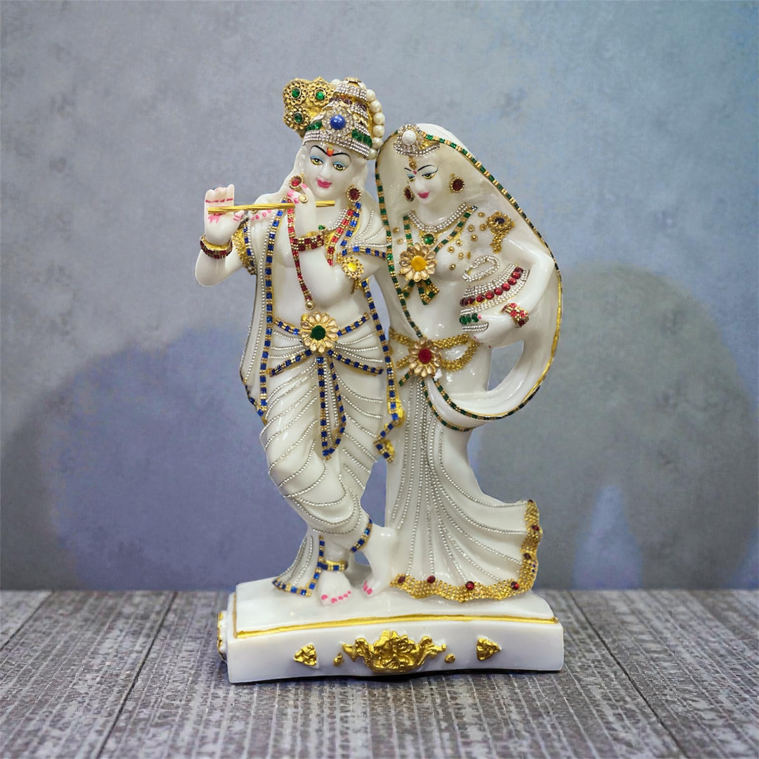 Radha Krishna 1.5 Feet Luxury Composite Marble Statue – Handcrafted with Zircon Detailing