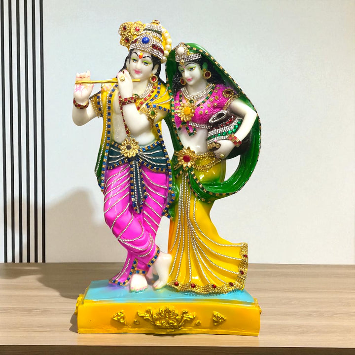 Radha Krishna statue, Radha Krishna murti, 1.5 feet Radha Krishna statue, 16 inch Radha Krishna idol, composite marble Radha Krishna statue, Radha Krishna murti for home, Radha Krishna idol for mandir, white gold Radha Krishna statue, Krishna Radha murti, Hindu god idols for home, devotional home décor, spiritual décor, Radha Krishna gift, composite marble idol.