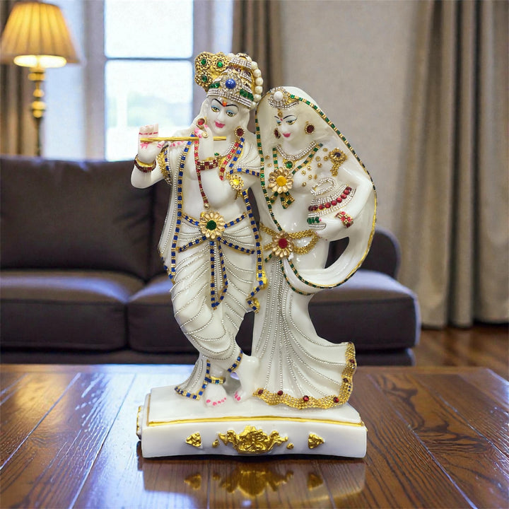 Radha Krishna idol, Radha Krishna murti, 1.5 feet Radha Krishna idol, 16 inch Radha Krishna statue, composite marble Radha Krishna statue, golden Radha Krishna idol, zircon Radha Krishna murti, Radha Krishna idol for home temple, Radha Krishna murti for home, Hindu god idols, devotional home décor, Radha Krishna gift, composite marble idol.