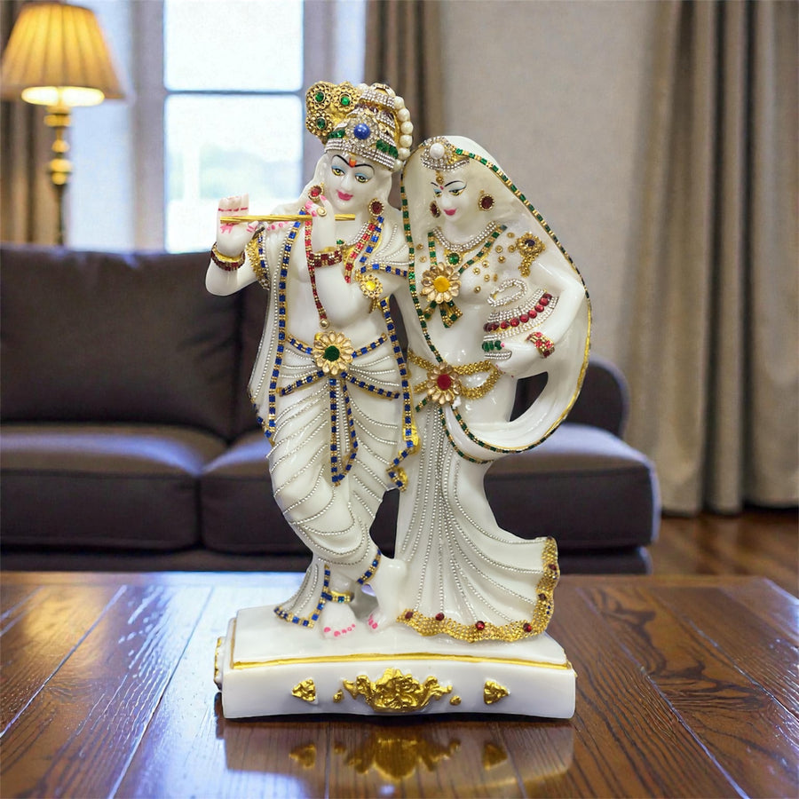 Radha Krishna idol, Radha Krishna murti, 1.5 feet Radha Krishna idol, 16 inch Radha Krishna statue, composite marble Radha Krishna statue, golden Radha Krishna idol, zircon Radha Krishna murti, Radha Krishna idol for home temple, Radha Krishna murti for home, Hindu god idols, devotional home décor, Radha Krishna gift, composite marble idol.