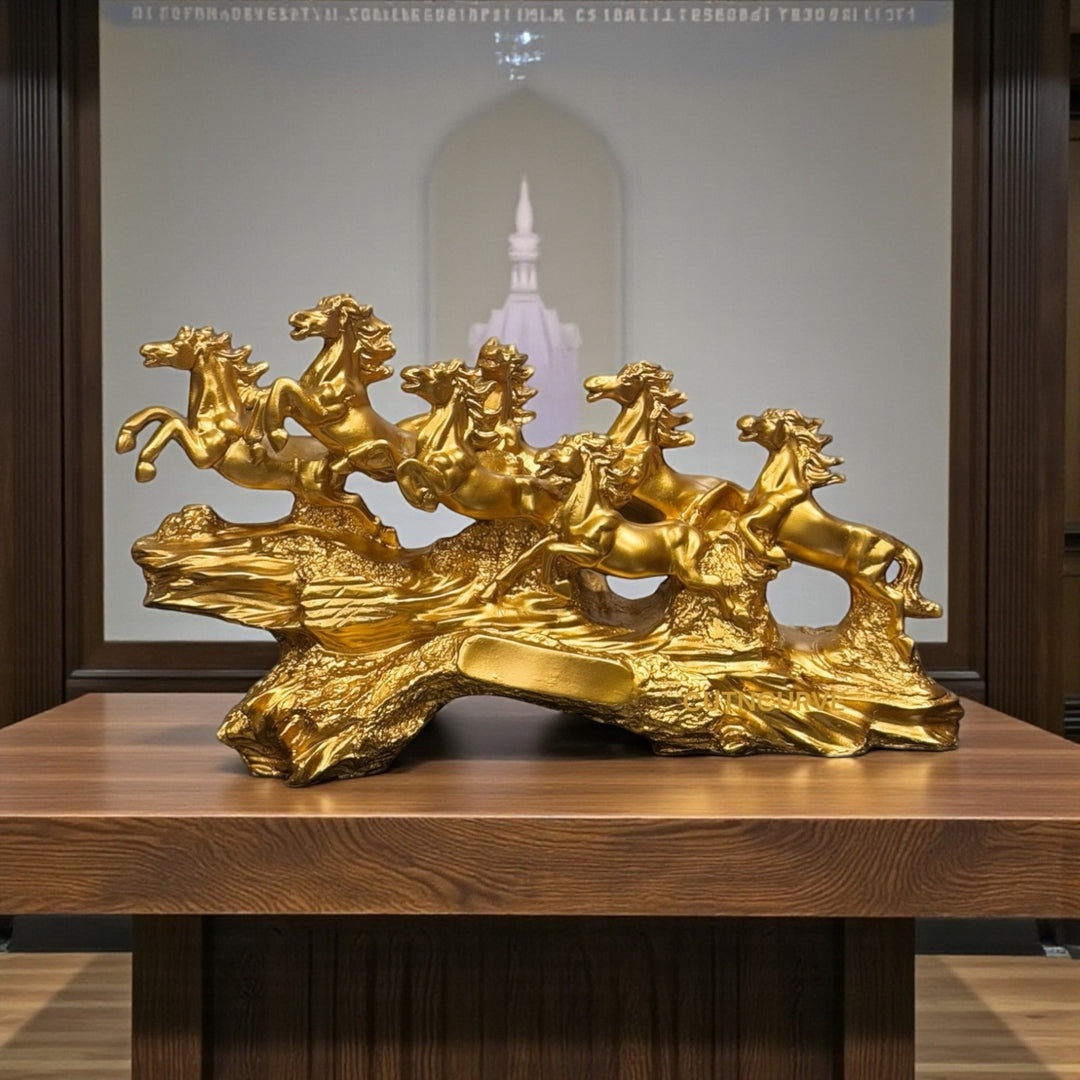 horse idol for prosperity
running horses for success
elegant horse decor gift
horse sculpture for entrance
decorative golden horses set
home decor horse artifact