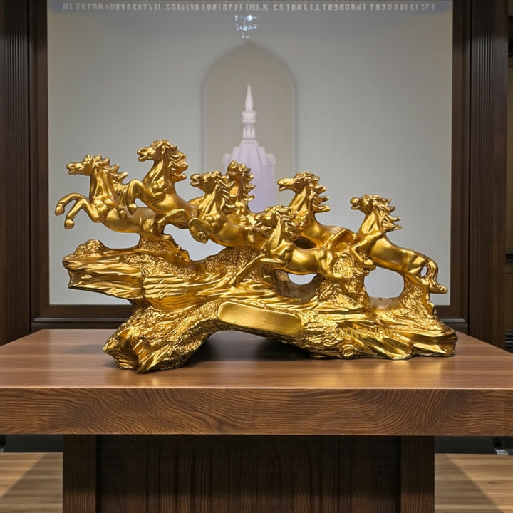 horse idol for prosperity
running horses for success
elegant horse decor gift
horse sculpture for entrance
decorative golden horses set
home decor horse artifact