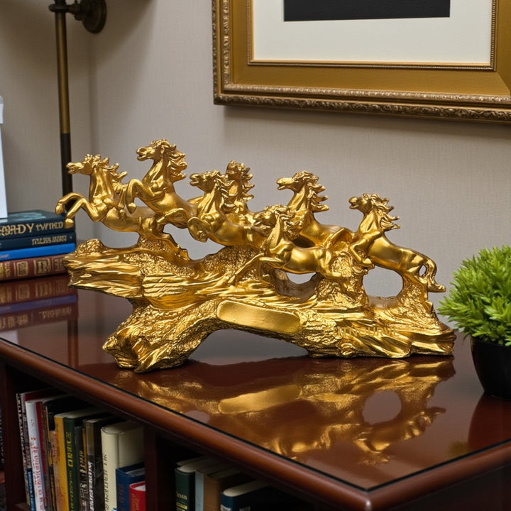 lucky 7 horses decor
vastu horses for office
golden running horse sculpture
horse showpiece for gifting
luxury horse decor item