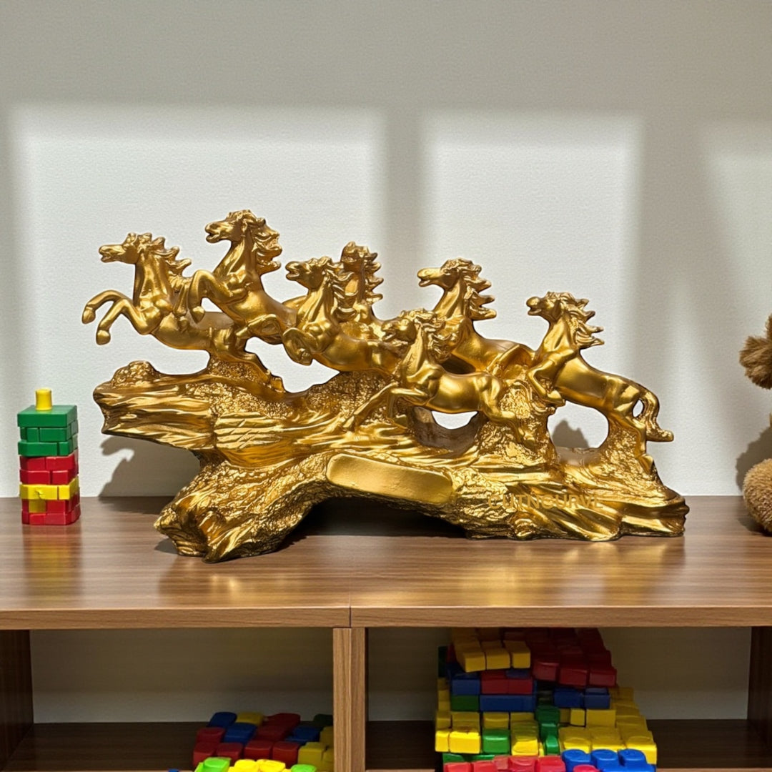 office desk horse showpiece
premium golden horses statue
antique gold horse decor
handmade resin horse showpiece
big size running horses statue
seven horses vastu symbol